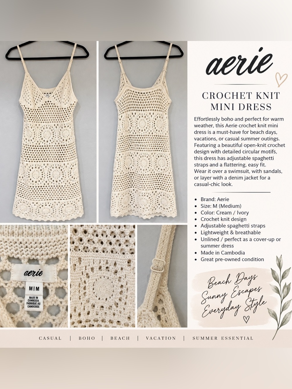 Aerie Cream Crochet Knit Mini Dress Cover Up Size Medium Boho